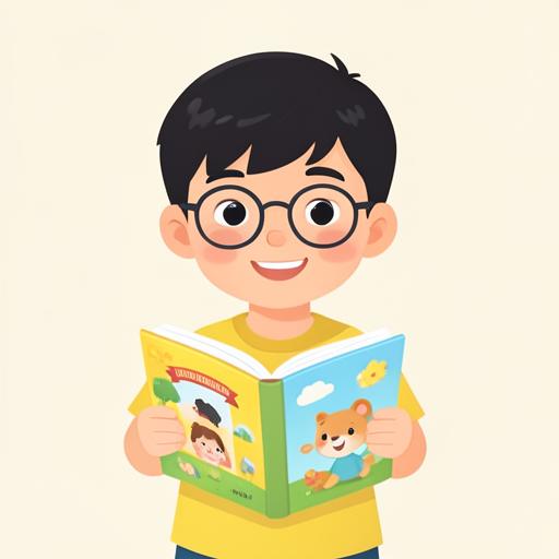 Illustration of a seven-year-old boy reading a picture book