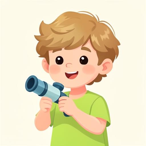 Illustration of an eight-year-old boy holding a telescope