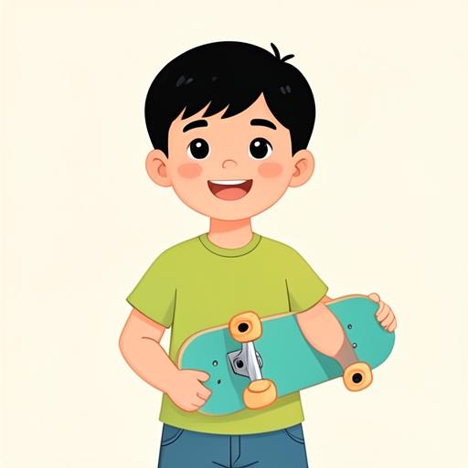 Illustration of a nine-year-old boy holding a skateboard