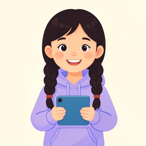Illustration of a nine-year-old girl holding a tablet