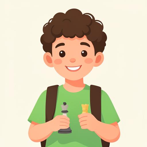Illustration of a twelve-year-old boy holding chess pieces