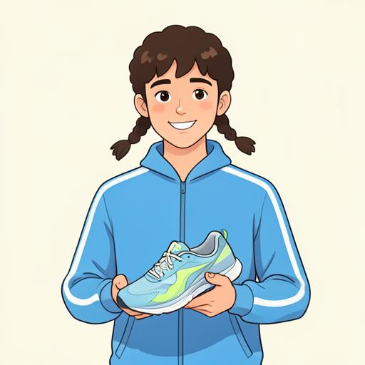 Illustration of a fourteen-year-old boy holding a running shoe