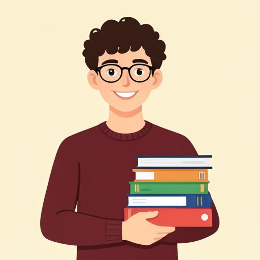 Illustration of a nineteen-year-old young man holding books