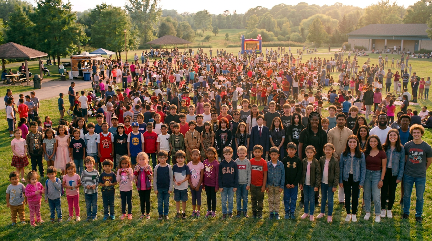A large community gathering in a sunlit park with children, teens and young adults of many ages standing together