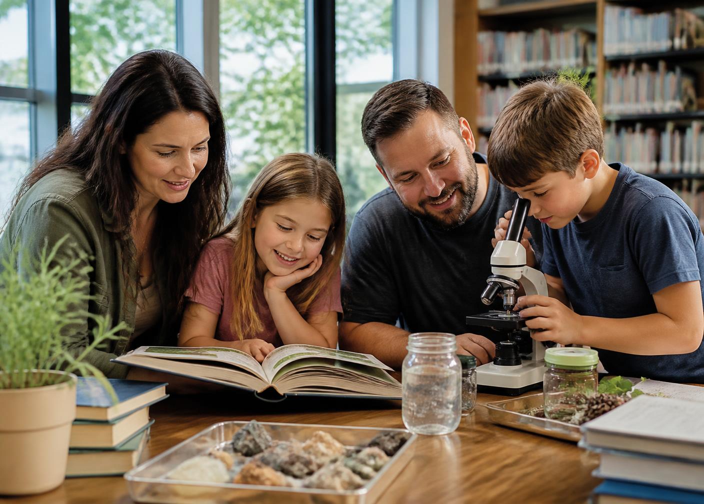 A homeschool family working on a science project together at a public library