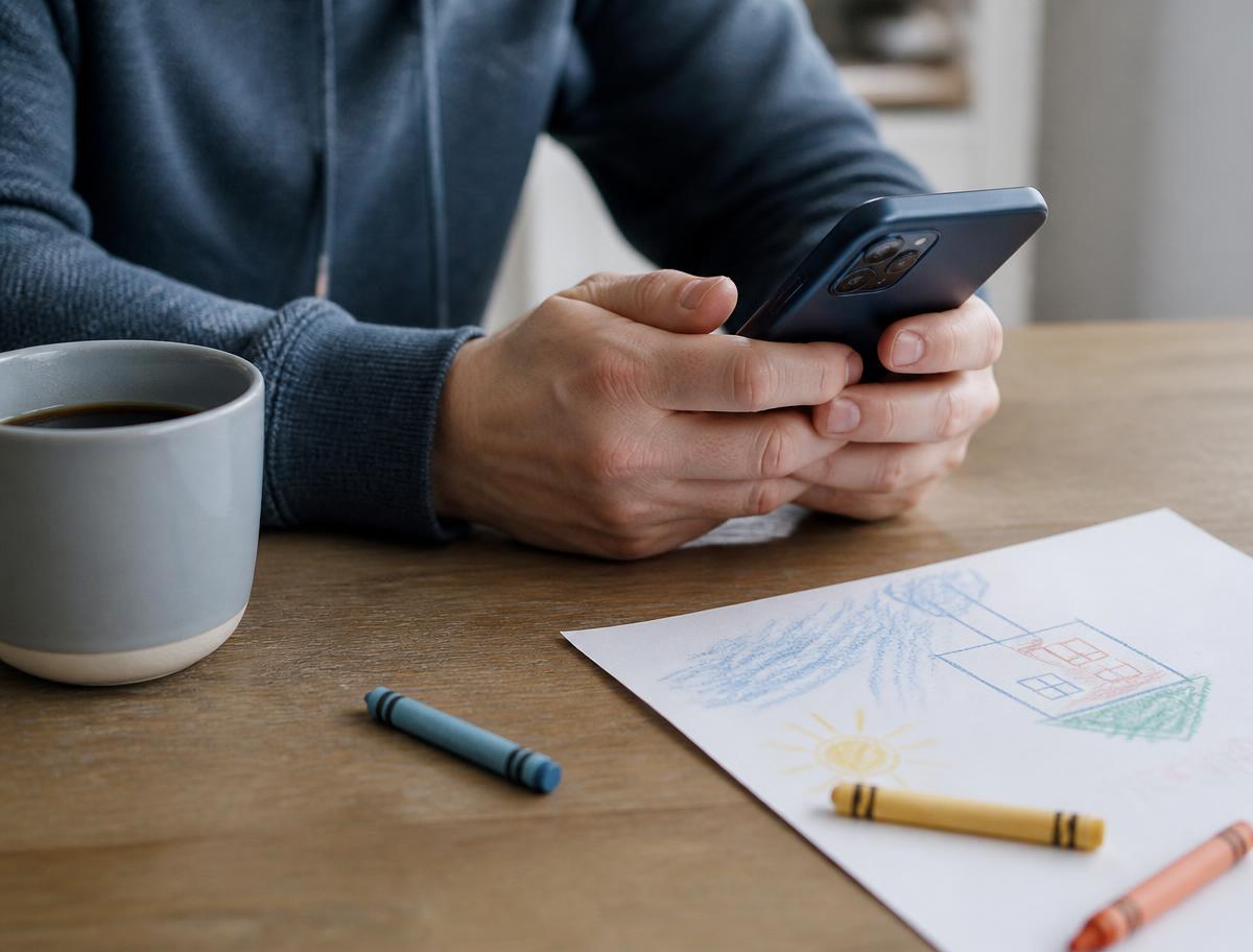 A parent using a phone at a kitchen table beside a child's crayon drawing